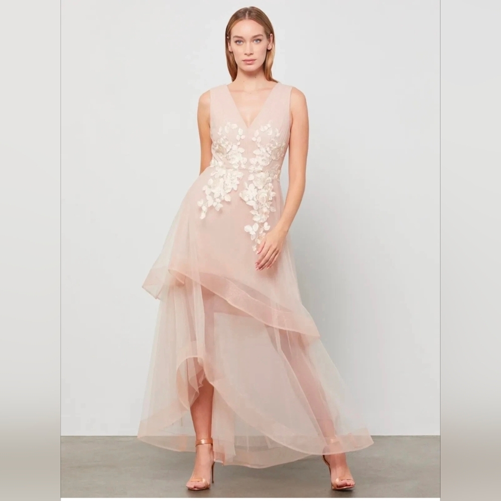 BCBGMAXAZRIA gown Floral Sheer Embroidered Appliquéd Asymmetrical Gown Nude Pink